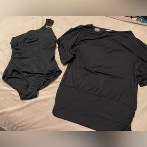 MICHAEL KORS Black One Shoulder One Piece Sz 10 With NWOT Cover Up Sz M